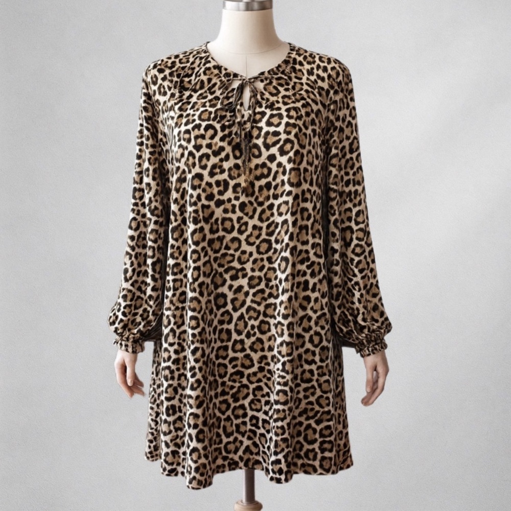 Chico’s Leopard Print Tunic Dress Size L Long Sleeve Animal Print Lightweight